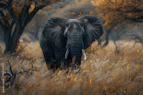 Majestic Elephant in Vibrant Autumn Savanna Landscape During Wildlife Photography Adventure