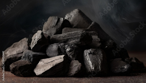 Charcoal, wood, piled, fuel, burning, carbonizing, black, smoke, closeup