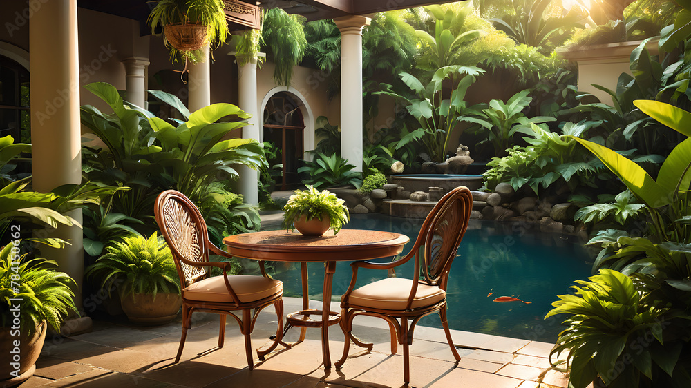 Fototapeta premium tropical patio with a Koi fish pool
