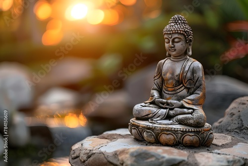 Solitary Buddha Statue Cultivates Inner Peace and Serenity in Serene Natural Garden Landscape