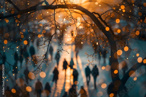 Enchanting Winterscape with Twinkling Lights and Ethereal Atmosphere Fostering a Sense of Connection and Wellbeing photo