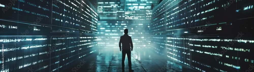 A man standing in a dark room with bright lights in the distance. A man standing in a dark room with bright lights in the distance.