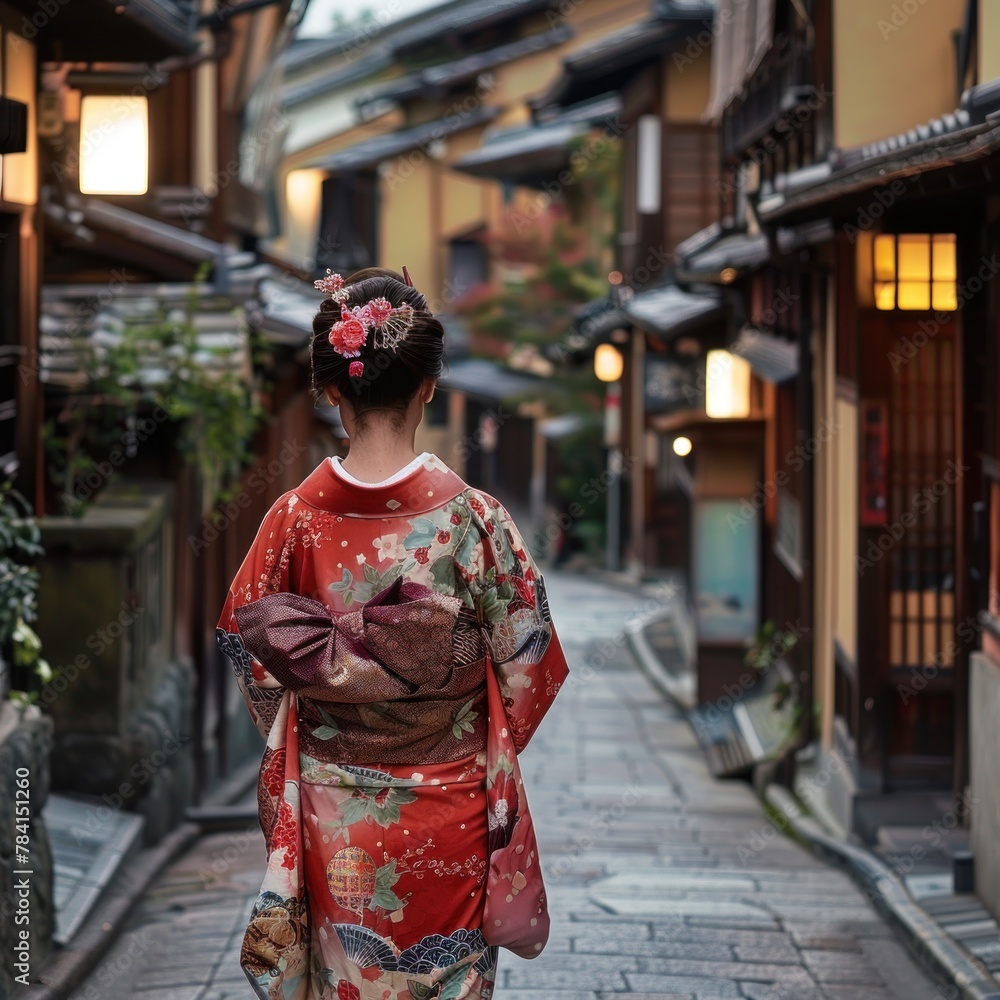 A woman wearing a kimono is walking down a street in Kyoto, Japan.