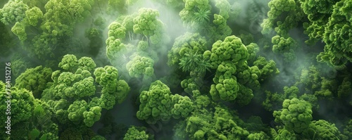 An aerial view of a lush green rainforest with mist or fog in the morning sun.