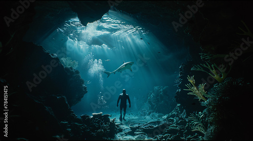 Courageous man standing in cave with ominous shark lurking in background daring exploration scene