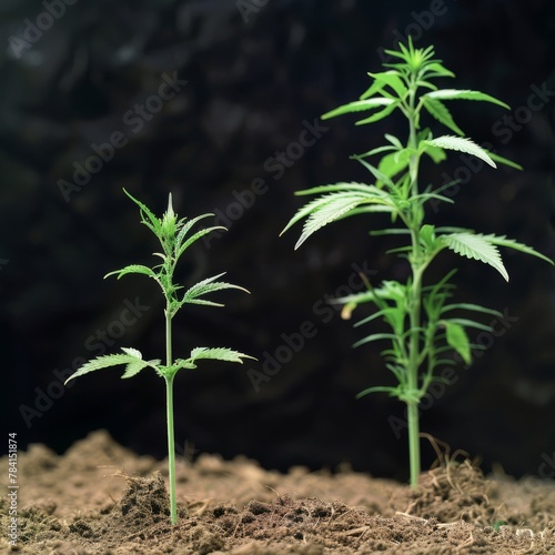 Two Hemp Plants Growing in Dirt photo