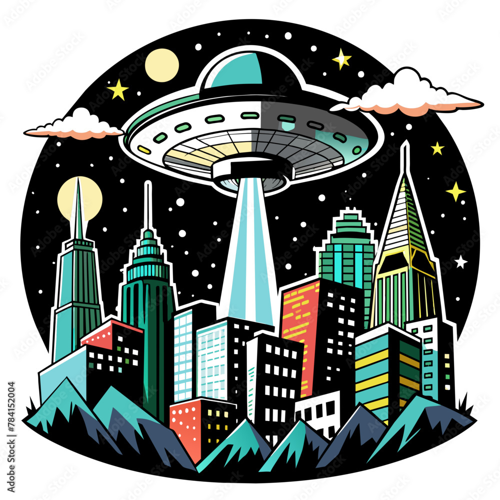 UFO cartoon city in the night