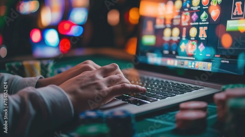 Wallpaper Mural A person using a laptop or smartphone to engage in online gambling, with a screen displaying virtual casino games or sports betting odds. Torontodigital.ca