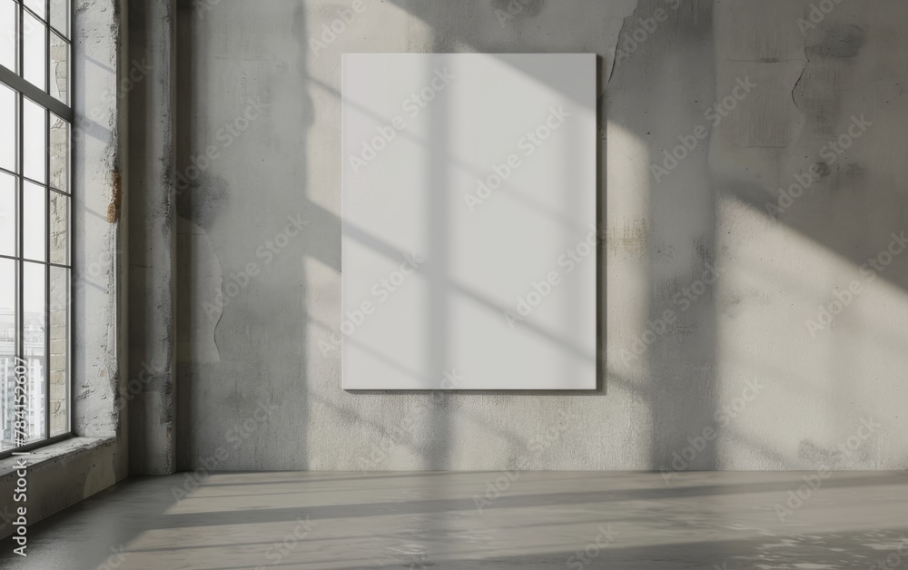 Mock up poster. Blank vertical canvas, gray wall and floor on background Mock up poster. Blank vertical canvas, gray wall and floor on background