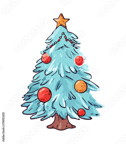 Vector illustration of decorated Christmas tree in snow on white background. Green fluffy xmas pine, isolated on white background. Cute Christmas tree in cartoon watercolor style.