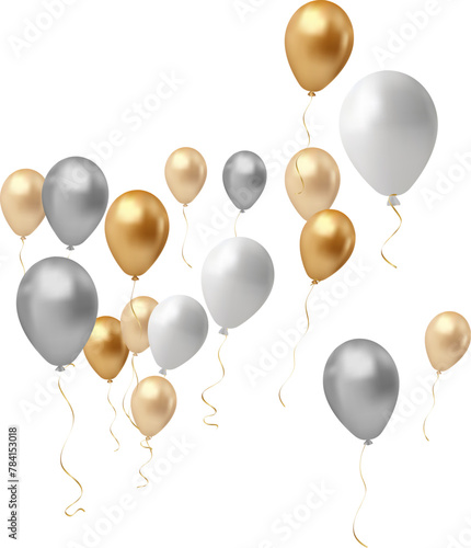Realistic shiny silver and gold balloons isolated on transparent background. Vector illustration
