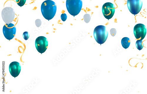 Blue balloons with confetti and ribbons on white background. Vector illustration.