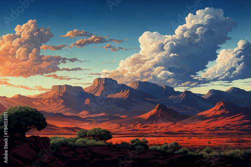 Scenic desert canyon valley in summer, vast open space landscape with distant late afternoon clouds horizon near dusk, majestic mountains and rocky cliffs.