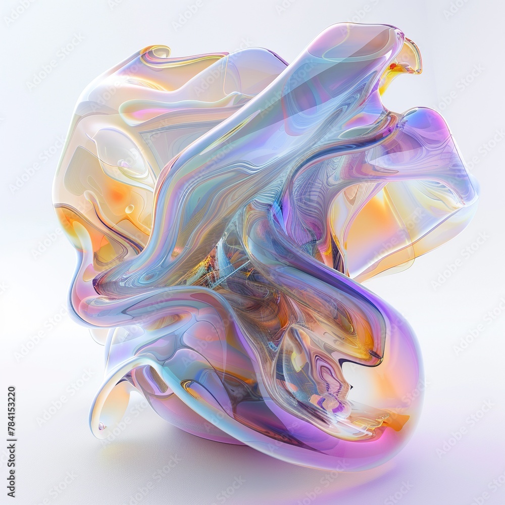 Obraz premium Beautiful and Elegant 3D Render Abstract Art: Surreal 3D Ball in Organic Curves, Smooth Silver Metal with Color Spectrum Lines and Glass Parts on white Background