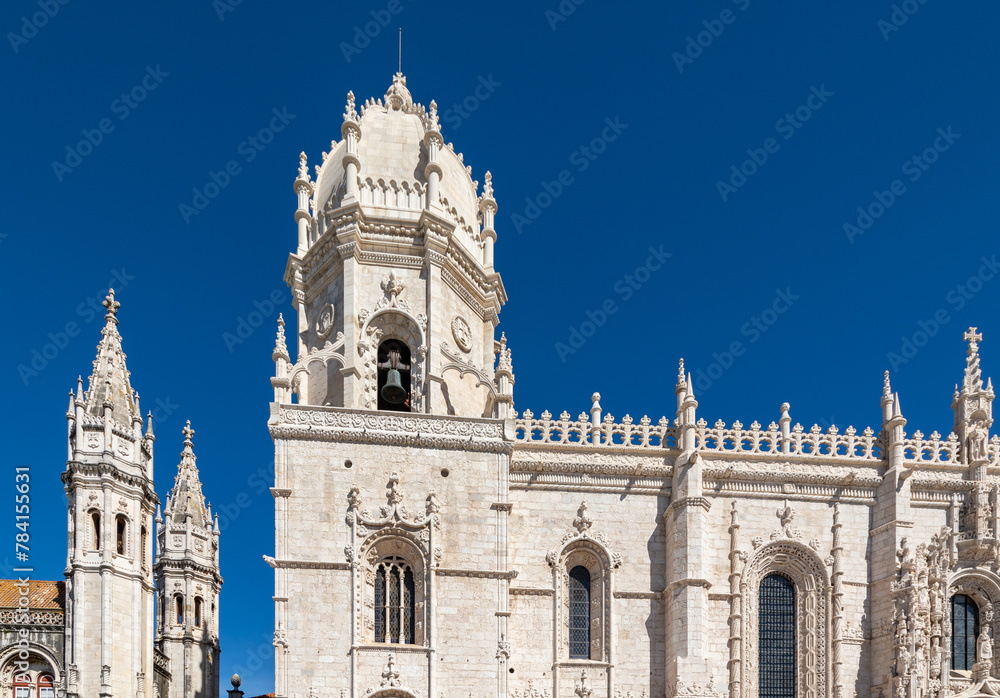 Tower of White LimeStone Facade of Mosteiro dos Jeronimos Monastery, Lisbon, Portugal