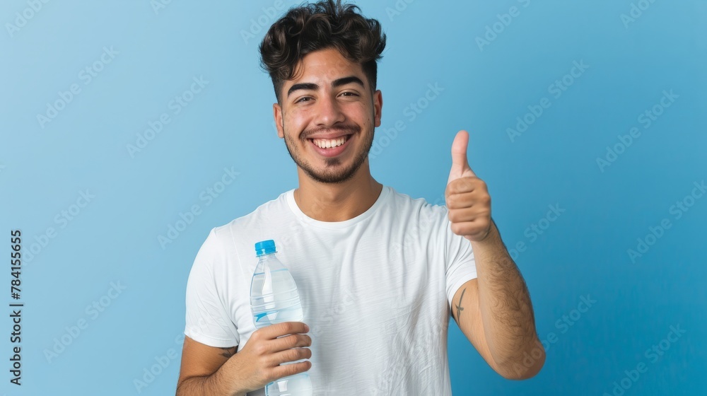 Young hispanic man holding a water bottle smiling and raising thumb up Young hispanic man holding a water bottle smiling and raising thumb up