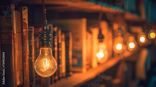 Burning light bulbs near bookshelf © chanidapa