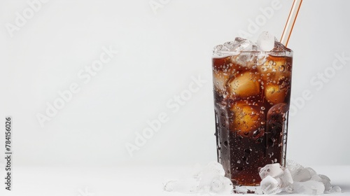 Cola with crushed ice and straw in glass on white background photo