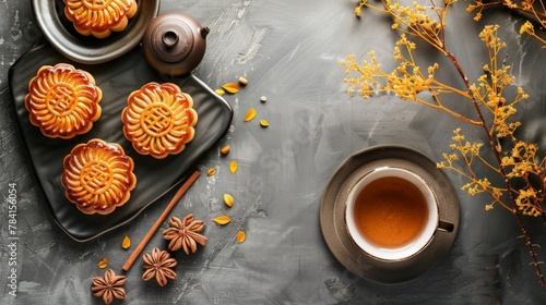 Delicious homemade moon cakes and hot tea on grey background. photo