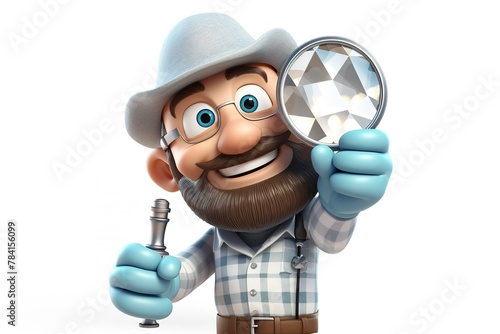 Holding a magnifying glass  examining a diamond.
