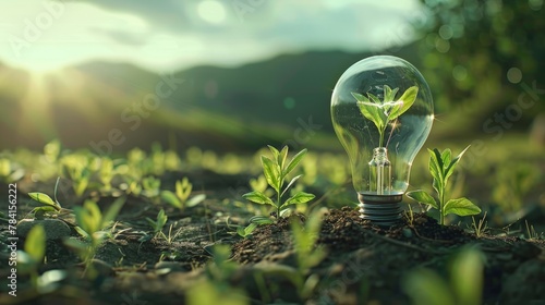 Green plants grow on the ground inside the light bulb. World ozone day concept
