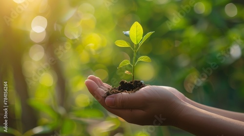 Hand holding seedling over blurred green nature background.