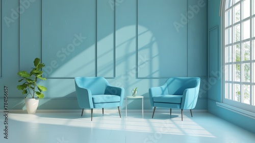 loft and vintage interior of living room  Blue armchairs on white flooring and blue wall  