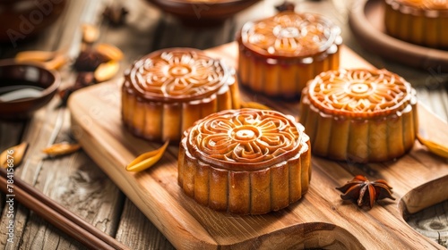moon cakes-Traditional Chinese mid-autumn festival food moon cakes on a cutting board. Chinese New Year celebration.