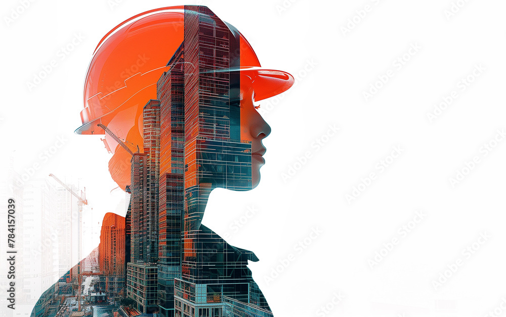 Construction Worker Engineer Silhouette with Cityscape Buildings Double Exposure - urban development, construction industry, urban planning. Construction Worker Engineer Silhouette with Cityscape Buildings Double Exposure - urban development, construction industry, urban planning.