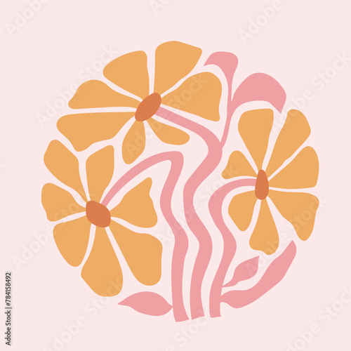 vibrant and abstract poster featuring daisy flowers in a groovy  trippy  and funky style 