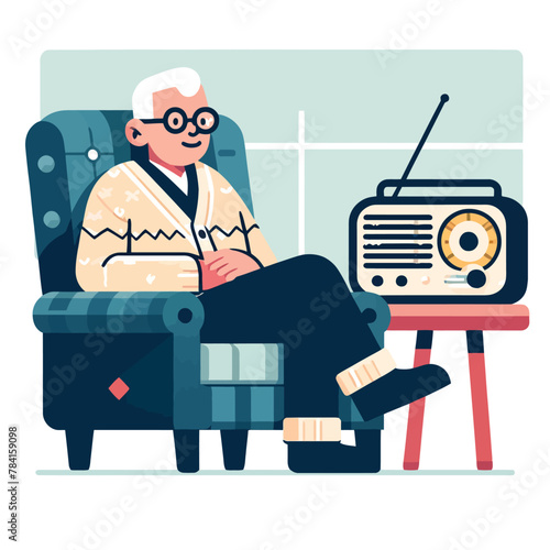 cartoon of an elderly man sitting comfortably in an armchair while listening to a classical radio