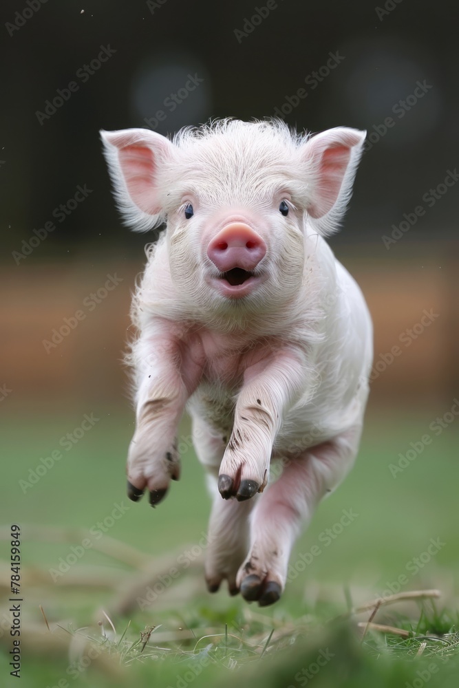 A playful piglet is captured mid-leap, its hooves barely touching the ground as it bounds across a field A playful piglet is captured mid-leap, its hooves barely touching the ground as it bounds across a field