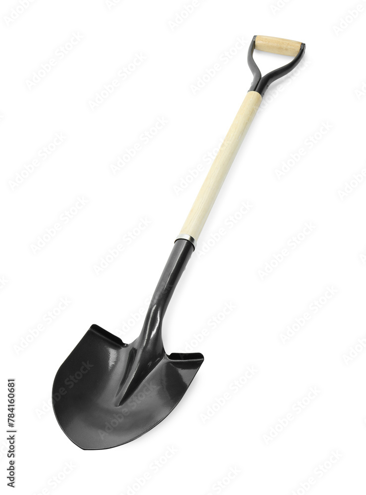 One new shovel with wooden handle isolated on white. Gardening tool