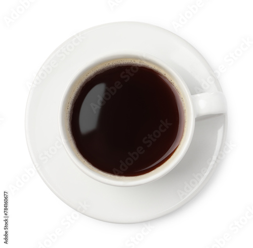 Cup of aromatic coffee isolated on white, top view