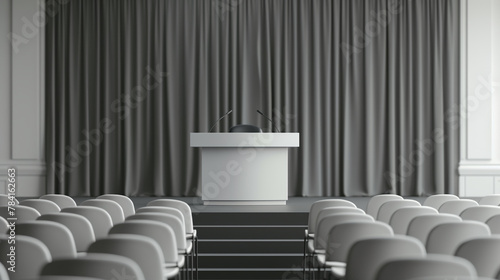A white podium set up for a press conference in the large siminar hall photo
