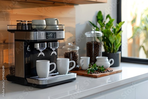 Modern coffee machine on kitchen countertop with cups and coffee beans.