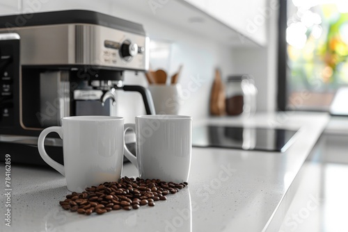 Modern coffee maker on a kitchen counter with two white mugs and scattered coffee beans.
