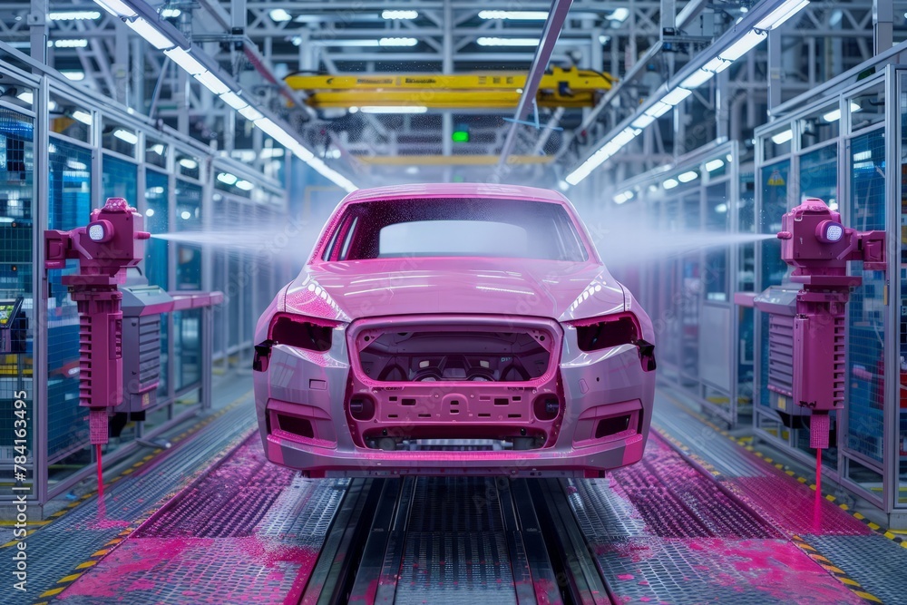 Pink car undergoing automated painting in a robotic auto assembly line.