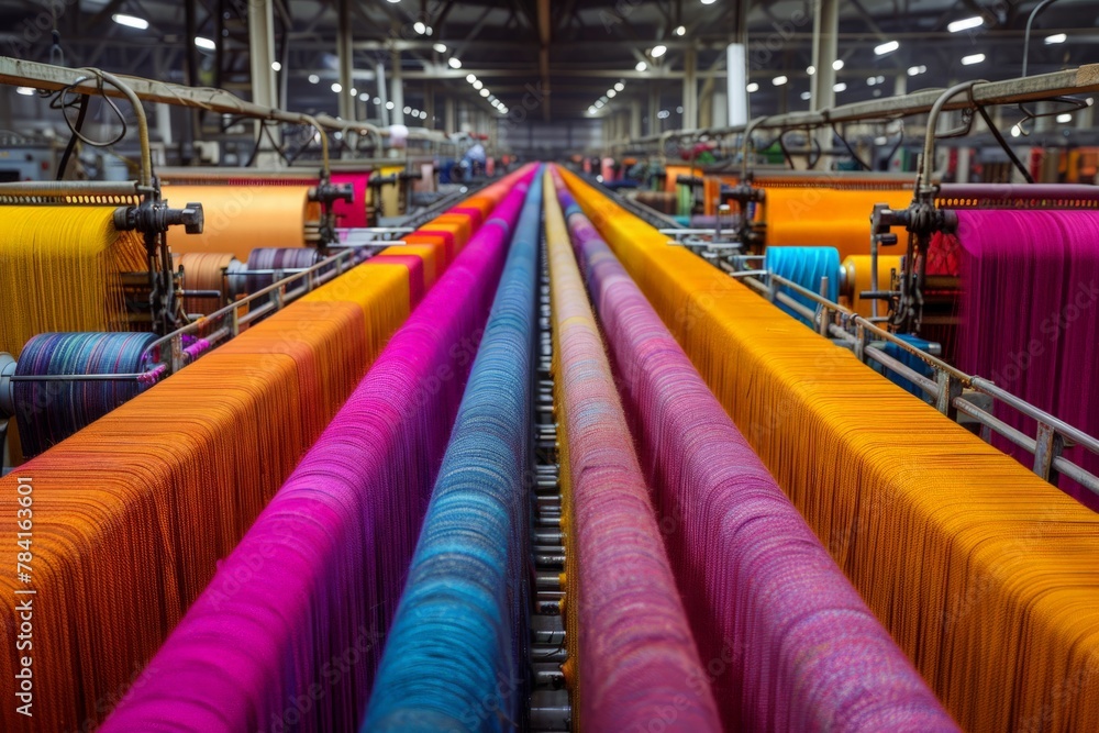 Colorful threads in a textile factory with machines.