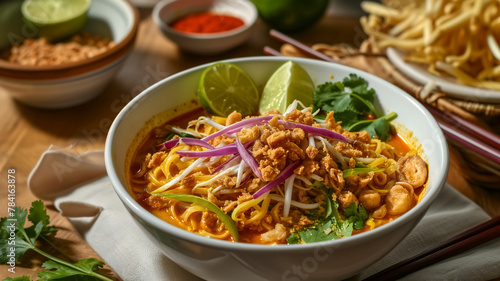 A bowl of Khao Soi, a traditional Thai noodle soup, served with lime, shallots, and a side of condiments, presenting a burst of flavors. 