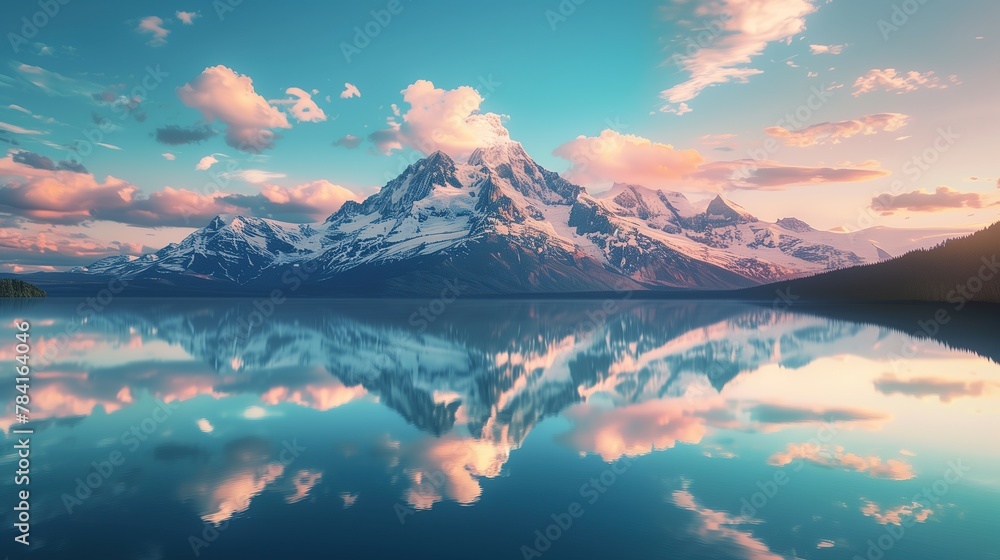 A majestic mountain peak with snowcapped peaks reflecting in the clear blue water of a beautiful lake