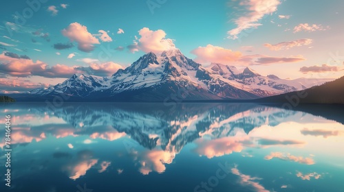 A majestic mountain peak with snowcapped peaks reflecting in the clear blue water of a beautiful lake photo