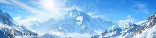 A panoramic view of snow-covered mountains against a blue sky