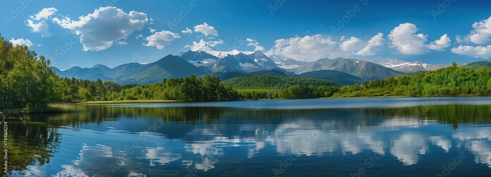 Fototapeta premium A mountain range landscape panorama, featuring serene forests, clear blue sky, snowcapped peaks, and tranquil lakes reflecting the surrounding beauty