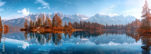 Beautiful panorama of a mountain lake in the foreground, a coniferous forest in the background and snowcapped mountains against a blue sky