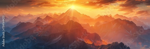 panoramic aerial view of a dramatic summer sunset over the sharp mountain peaks with golden light and clouds in the sky