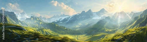 panoramic view of the alps with the sun shining over the mountains, with muscular peaks photo
