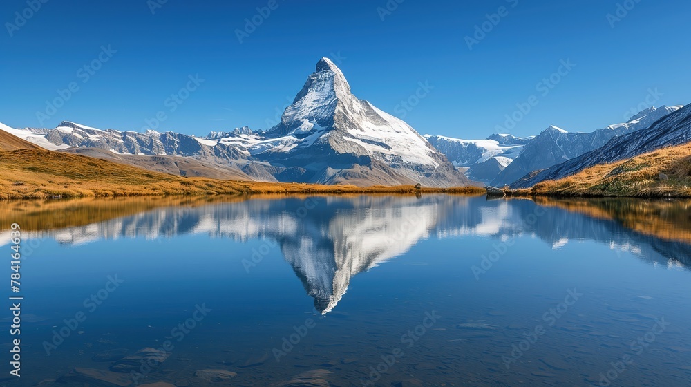 Naklejka premium a mountain peak with reflection in the lake, a clear blue sky, a sunny day, golden hour lighting, snowy mountains in the background