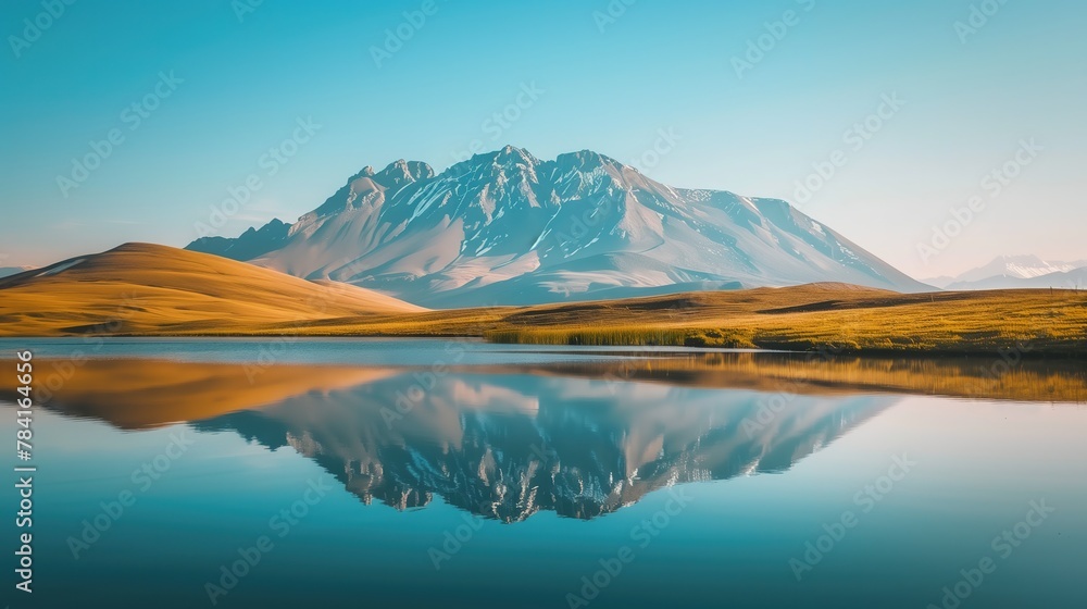 mountain with reflection in the lake against blue sky background