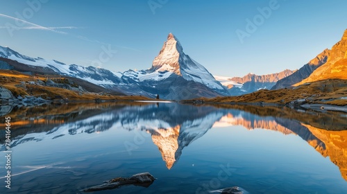 a mountain peak with reflection in the lake, a clear blue sky, a sunny day, golden hour lighting, snowy mountains in the background